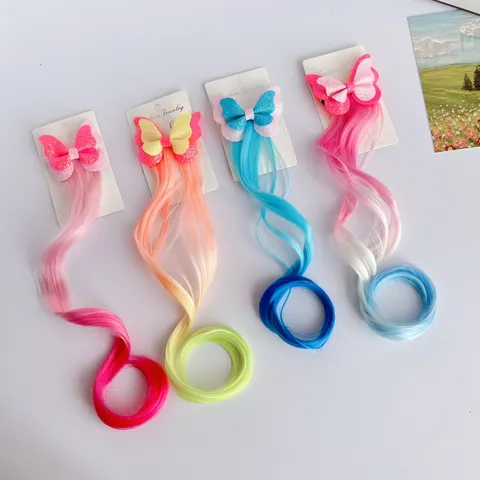 Fermaglio per Capelli con Parrucca Colorata per Bambini Accessori per Capelli a Farfalla per Ragazzine Extension Sintetiche Lunghe Ricce Sfumate