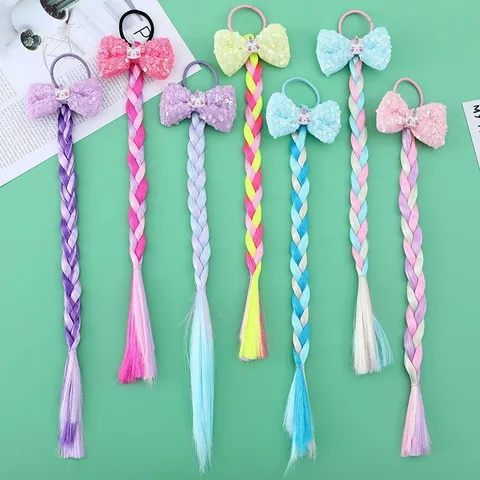 Bambini Cartone Animato Unicorno Colorato Parrucca Sintetica Treccia Elastici per Capelli Fiocco Paillettes Intrecciare Fascia Capelli per Ragazze Festa Accessori