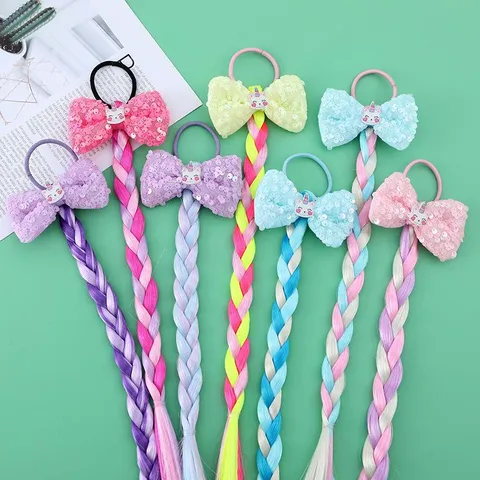 Bambini Cartone Animato Unicorno Colorato Parrucca Sintetica Treccia Elastici per Capelli Fiocco Paillettes Intrecciare Fascia Capelli per Ragazze Festa Accessori