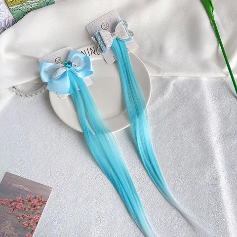 Kids Colorful Bowknot Hair Extensions For Girls Double Layer Ribbon Bow Hair Clip Gradient Straight Hairpiece With Rhinestone Hand Made Hair Accessories