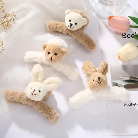 Cute Plush Bear Rabbit Hair Claw Large Fluffy Faux Fur Shark Clip Sweet Animal Hair Accessories For Women Girls Daily Styling