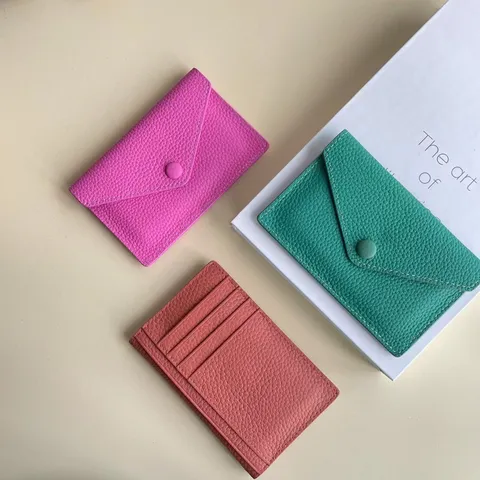 Billetera Sobre Minimalista de Cuero Genuino para Mujer Tarjetero Plegable Corto Color Sólido Monedero de Moda Bolso Diario