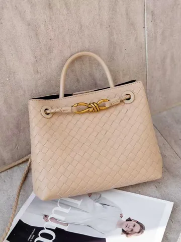 Donna Moda Tessuto Borsa Tote Vera Pelle Borsa a Mano Classica Fiocco Fibbia Corda Casual Quotidiano Borsa a Tracolla