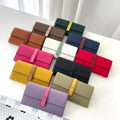 Portafoglio Lungo in Vera Pelle da Donna Blocco di Colore Fessure Multiple per Carte Pochette con Zip Minimalista Urbano Borsa