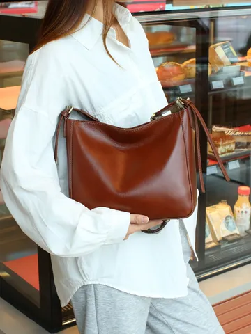 Vintage Minimalist Genuine Leather Shoulder Bag For Women Classic Cowhide Crossbody Tote Bag Casual Daily Fashion Handbag