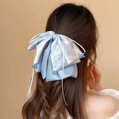 New Chinese Ink Splash Printed Satin Bow Ribbon Ponytail Clip Sweet Elegant Hair Claw Hair Clip For Women Hair Accessories