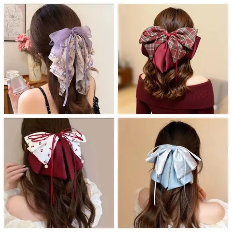 New Chinese Ink Splash Printed Satin Bow Ribbon Ponytail Clip Sweet Elegant Hair Claw Hair Clip For Women Hair Accessories