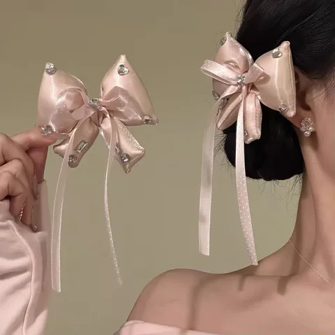 French Pink Bow Hair Clip Sweet Rhinestone Heart Ribbon Hairpin Cute Hair Accessories For Women Daily Party Hair Styling Jewelry