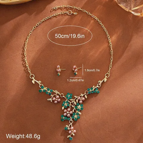 Light Luxury Pearl Flower Necklace Earrings Two Piece Set Alloy Rhinestone Artificial Pearl Bridal Wedding Jewelry Gift For Women