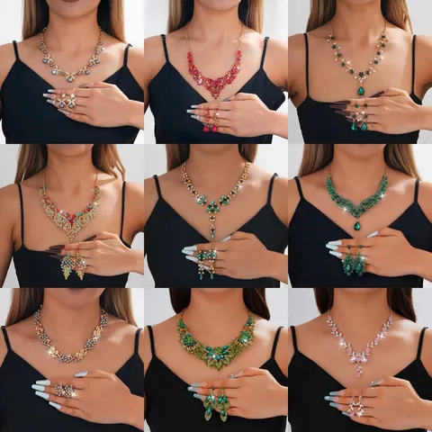 Luxury Alloy Rhinestone Jewelry Set Waterdrop Pendant Necklace Earrings Matching Set For Bridal Wedding Banquet Women Gift