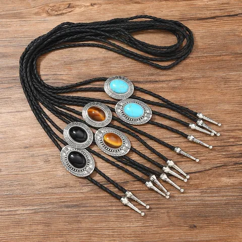 Retro Turquoise Wax Cord Pendant Necklace Vintage Oval Embossed Metal Gemstone Bolo Tie Necklace For Women Men
