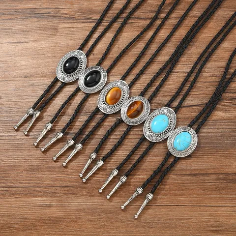 Retro Turquoise Wax Cord Pendant Necklace Vintage Oval Embossed Metal Gemstone Bolo Tie Necklace For Women Men
