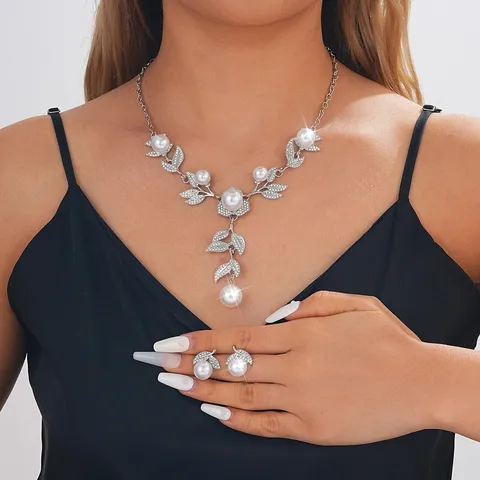 Luxury Alloy Artificial Pearl Rhinestone Leaf Necklace And Earrings Set For Women Bridal Wedding Jewelry