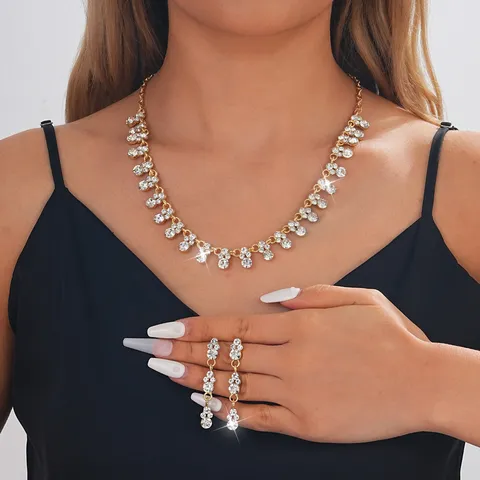 Luxury Alloy Teardrop Rhinestone Necklace And Earrings Set Bridal Jewelry For Women Wedding Party