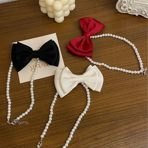 French Gentle Bowknot Artificial Pearl Necklace Niche Versatile Satin Bow Elegant Choker Jewelry Gift for Women