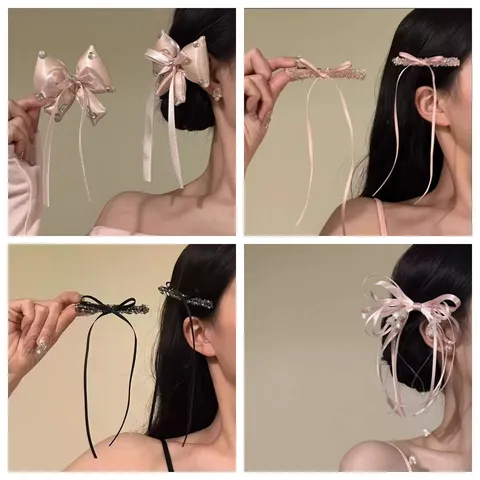 French Pink Bow Hair Clip Sweet Rhinestone Heart Ribbon Hairpin Cute Hair Accessories For Women Daily Party Hair Styling Jewelry