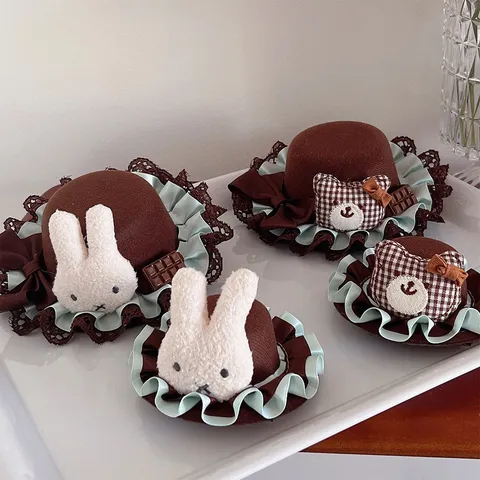 Japanese Sweet Lolita Style Mini Top Hat Hair Clip Chocolate Color Grid Bear Ribbon Bow Lace Hair Accessories For Women Party Headwear