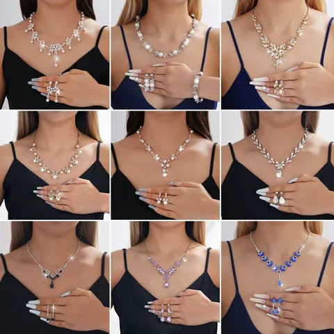 Elegant Alloy Rhinestone Floral Necklace Earrings Set Luxury Bridal Wedding Jewelry Set Fine Party Gift For Women