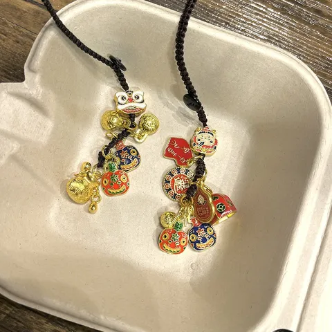 Traditional Ancient Gold Alloy Keychain Pendant Lucky Cat Wealth God Phone Bag Ornament Chinese Style Enamel Hanging Gift