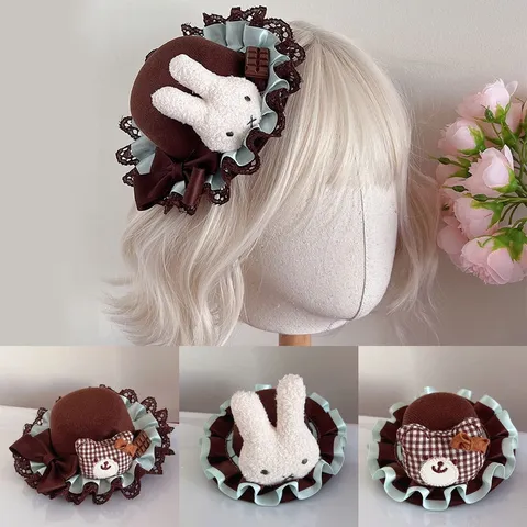 Japanese Sweet Lolita Style Mini Top Hat Hair Clip Chocolate Color Grid Bear Ribbon Bow Lace Hair Accessories For Women Party Headwear
