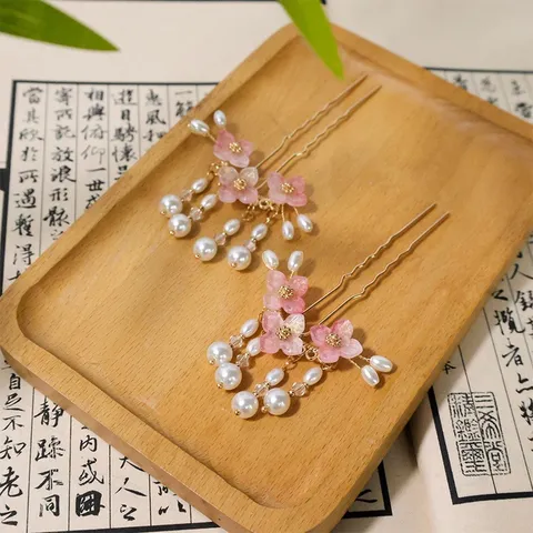 New Chinese U-Shaped Hair Fork Vintage Alloy Pink Floral Pearl Tassel Hair Pin Hanfu Hair Accessories For Women