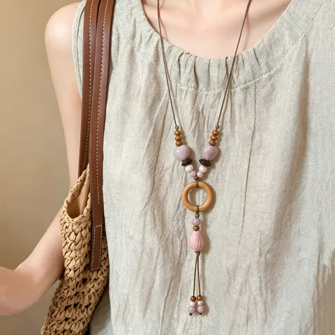 New Chinese Ethnic Style Starfish Shell Ceramic Necklace Vintage Long Beaded Pendant Necklace For Women Summer Beach Vacation Jewelry