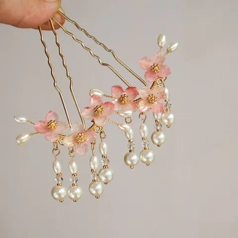New Chinese U-Shaped Hair Fork Vintage Alloy Pink Floral Pearl Tassel Hair Pin Hanfu Hair Accessories For Women
