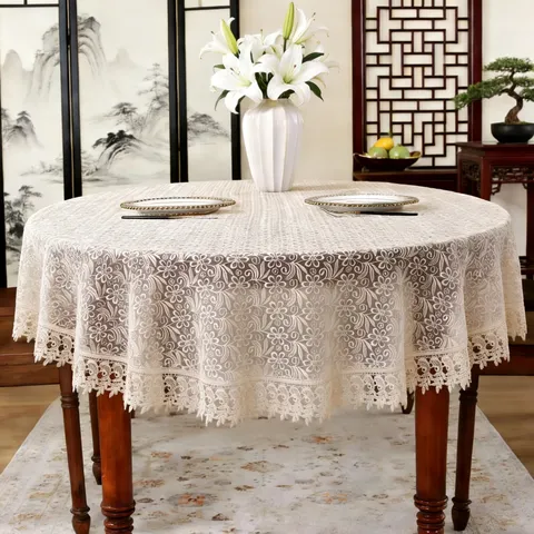 French Vintage Hollow Embroidery Round Tablecloth Elegant Lace Edge Table Cover Home Dining Room Decor