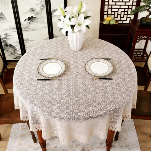 French Vintage Hollow Embroidery Round Tablecloth Elegant Lace Edge Table Cover Home Dining Room Decor