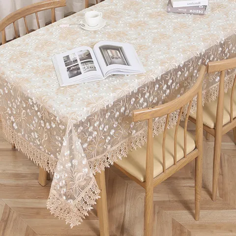Rectangle Organza Floral Embroidered Tablecloth Lace Trim Dustproof Table Cover For Dining Room Kitchen Home Decor