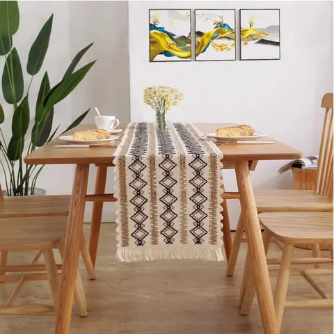 Nordic Cotton Linen Hollow Out Table Runner With Tassels Geometric Pattern Dining Coffee TV Cabinet Long Decorative Table Flag