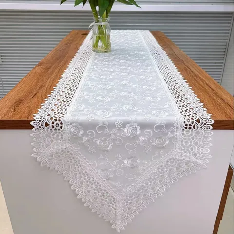 Amerikanischer Stil Bestickte Spitze Doppellagiger Tischläufer Weißes Blumen Tischtuch Für Wohnzimmer Esstisch Heimdekoration