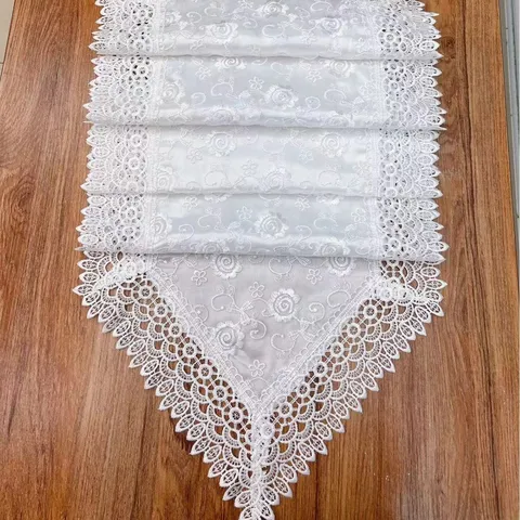 Amerikanischer Stil Bestickte Spitze Doppellagiger Tischläufer Weißes Blumen Tischtuch Für Wohnzimmer Esstisch Heimdekoration