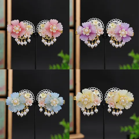 Chinese Style Alloy Flower Hair Clips With Artificial Pearl Tassel Hollow Fan Ribbon Hanfu Hair Accessories For Women Girls