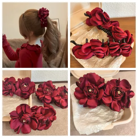 Vintage Satin Fabric Red Camellia Hair Clip Elegant Botanical Floral Handmade Three Dimensional Flower Ponytail Hair Accessory For Women Photography Daily Wear