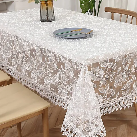 White Voile Embroidery Tablecloth Rectangular Lace Floral Dining Table Cover For Home Kitchen Restaurant Decor
