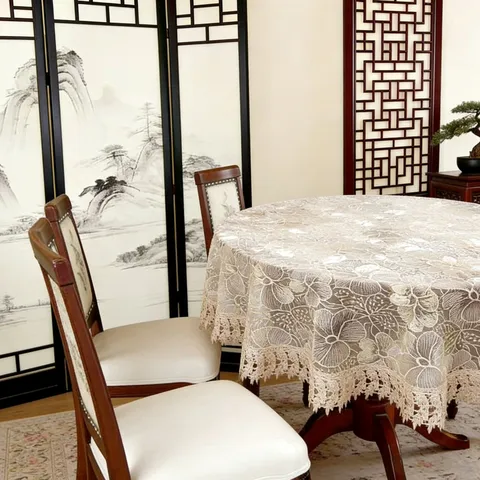 Polyester Glass Yarn Round Tablecloth Pastoral Style Floral Embroidered Lace Trim Dustproof Table Cover For Home Dining Room Decor