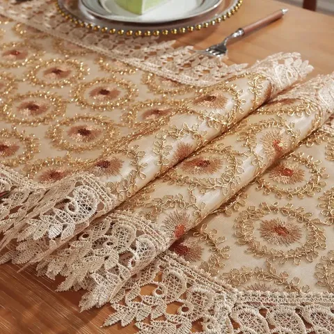 European Style Lace Hollow Embroidery Table Runner Dark Brown Polyester Fabric Decorative Tablecloth For Dining Room Living Room