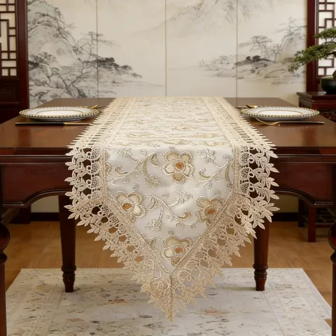 Vintage Hollow Lace Table Runner Double Layer Embroidered Floral Tablecloth Dustproof Dining Decor