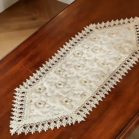 Vintage Hollow Lace Table Runner Double Layer Embroidered Floral Tablecloth Dustproof Dining Decor