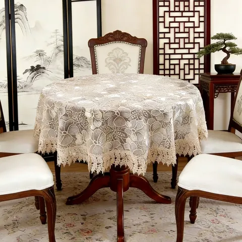 Polyester Glass Yarn Round Tablecloth Pastoral Style Floral Embroidered Lace Trim Dustproof Table Cover For Home Dining Room Decor