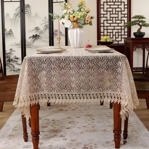 Pastoral Style Polyester Lace Embroidered Tablecloth Elegant Floral Table Cover For Home Dining Room