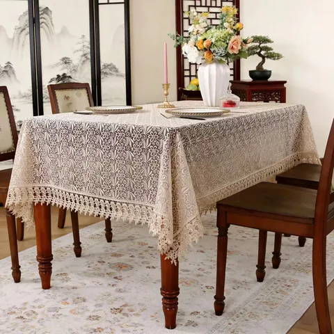 Pastoral Style Polyester Lace Embroidered Tablecloth Elegant Floral Table Cover For Home Dining Room