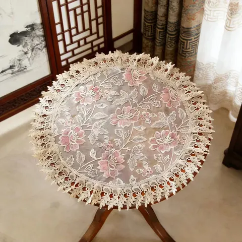 Mantel de Encaje Redondo Estilo Nórdico Bordado Floral Cubierta de Mesa de Malla Elegante Decorativo Mantel de Comedor Decoración