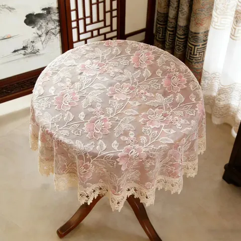 Mantel de Encaje Redondo Estilo Nórdico Bordado Floral Cubierta de Mesa de Malla Elegante Decorativo Mantel de Comedor Decoración