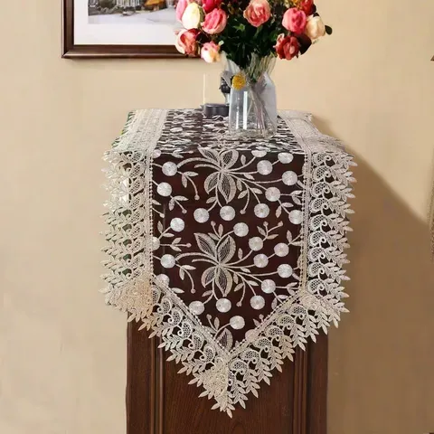 American Style Floral Embroidery Lace Table Runner Vintage Burgundy Table Cloth For Dining Room Home Decor