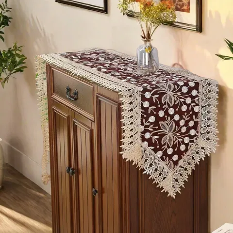 American Style Floral Embroidery Lace Table Runner Vintage Burgundy Table Cloth For Dining Room Home Decor