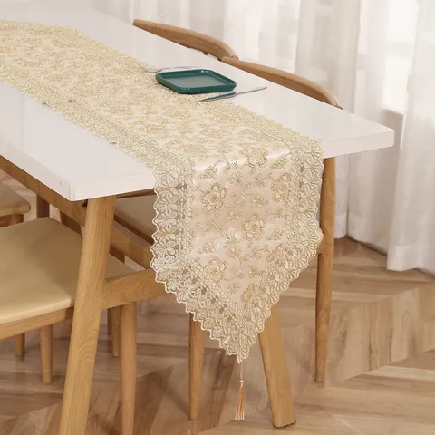 Runner da Tavola in Pizzo di Poliestere in Stile Rustico Americano Ricamo Floreale Nappa Sala da Pranzo Tavolo da Tè Decorazione