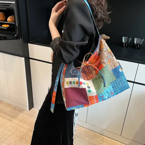 Bohemian Patchwork Canvas Tote Bag Για Γυναίκες Vintage Color Block Casual Crossbody Shoulder Bag Μεγάλης Χωρητικότητας Handbag
