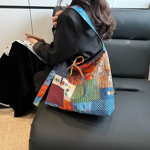 Bohemian Patchwork Canvas Tote Bag Για Γυναίκες Vintage Color Block Casual Crossbody Shoulder Bag Μεγάλης Χωρητικότητας Handbag